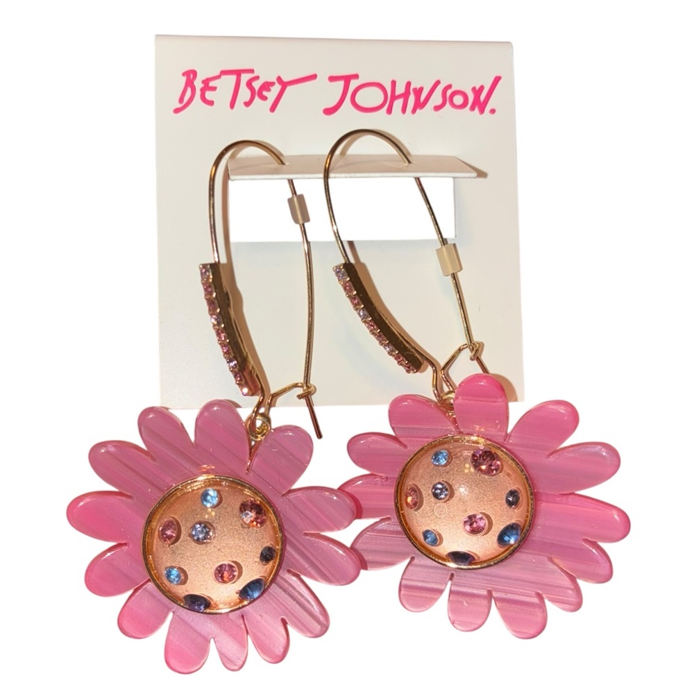 BETSEY JOHNSON Cabochon Crystal-Accented Polka Dot Daisy Floral Earrings NEW NWT
